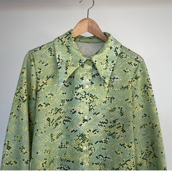 Vintage 70s Dagger Collar Green Snakeskin Disco Shirt / Sz L/XL / Retro Handmade - Picture 3 of 9